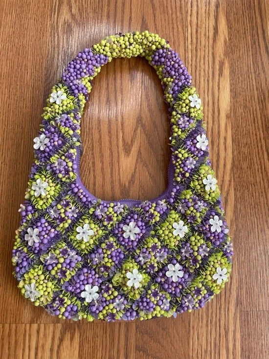 ZARA Beaded Floral Mini Bag Purple Green Statement - Picture 3 of 6